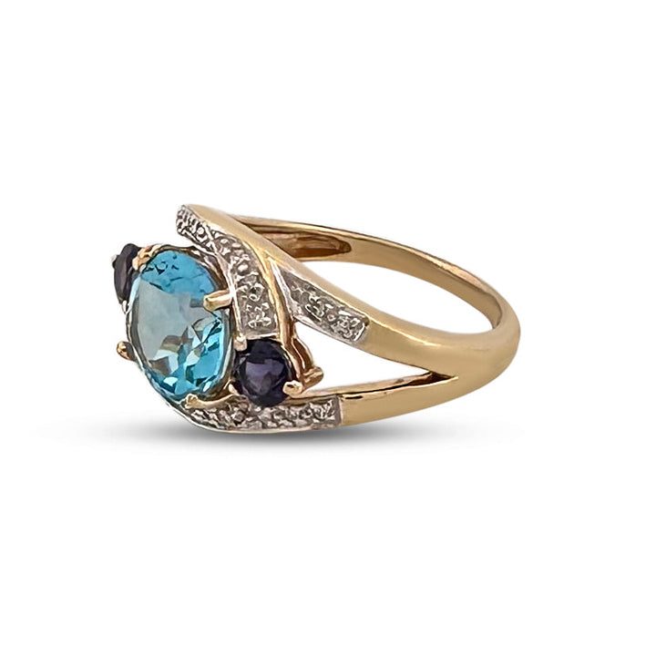 Topaz, Iolite and Natural Diamond Cocktail Ring in 14k Two-Tone Gold