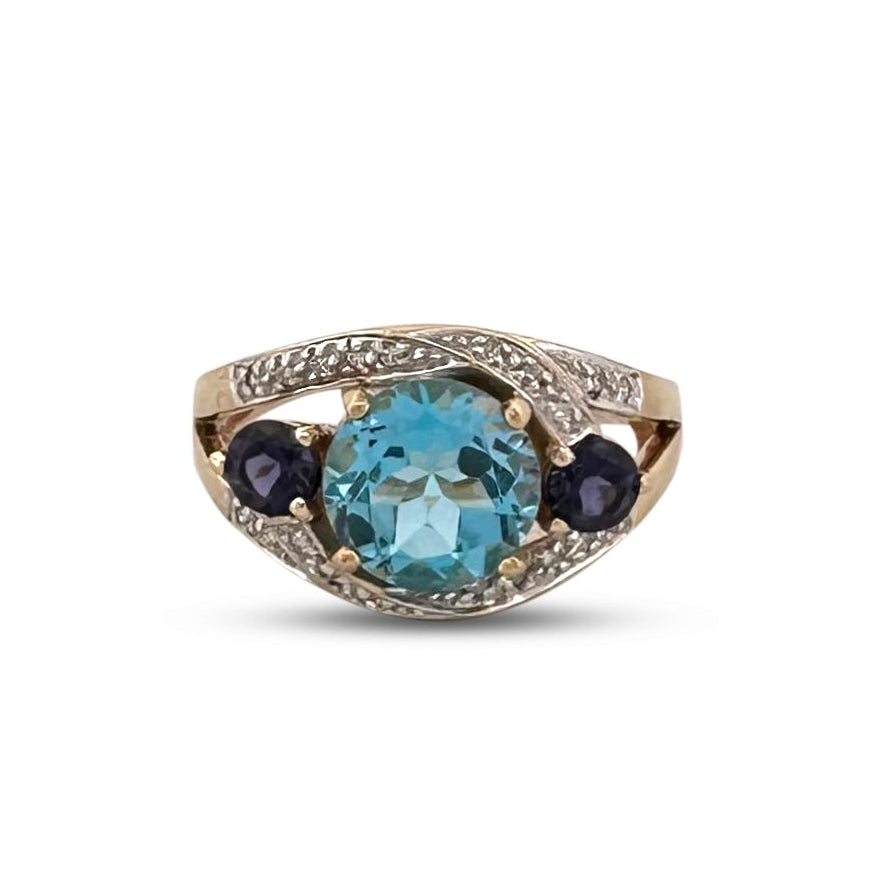 Topaz, Iolite and Natural Diamond Cocktail Ring in 14k Two-Tone Gold