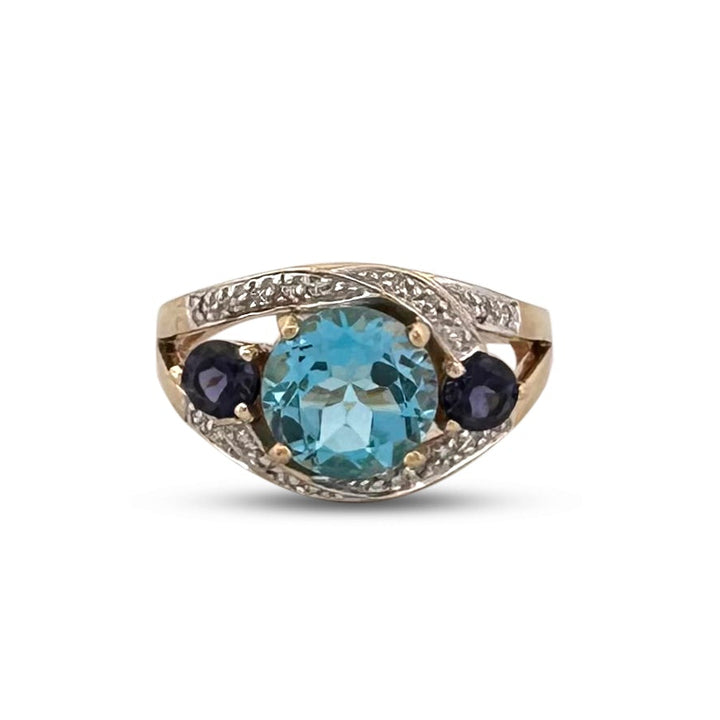 Topaz, Iolite and Natural Diamond Cocktail Ring in 14k Two-Tone Gold