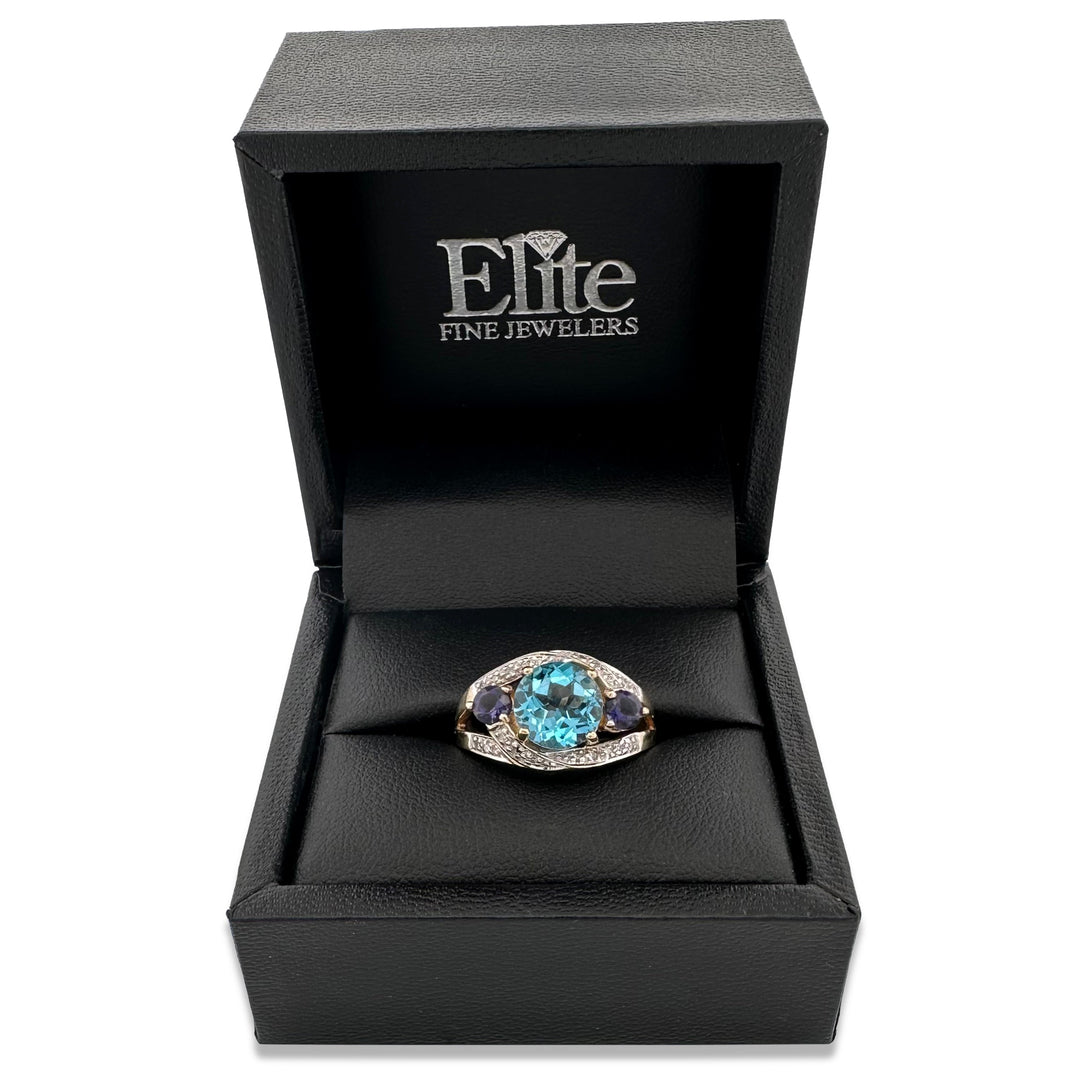 Topaz, Iolite and Natural Diamond Cocktail Ring in 14k Two-Tone Gold