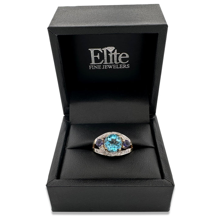 Topaz, Iolite and Natural Diamond Cocktail Ring in 14k Two-Tone Gold