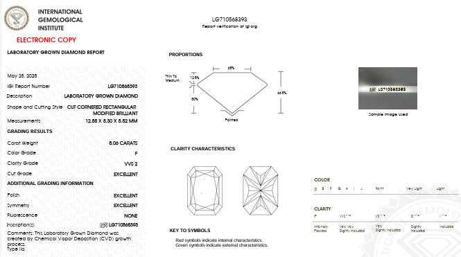 Loose IGI Graded 5.06ct Radiant Cut Lab-Grown Diamond, F Color, VVS2 Clarity