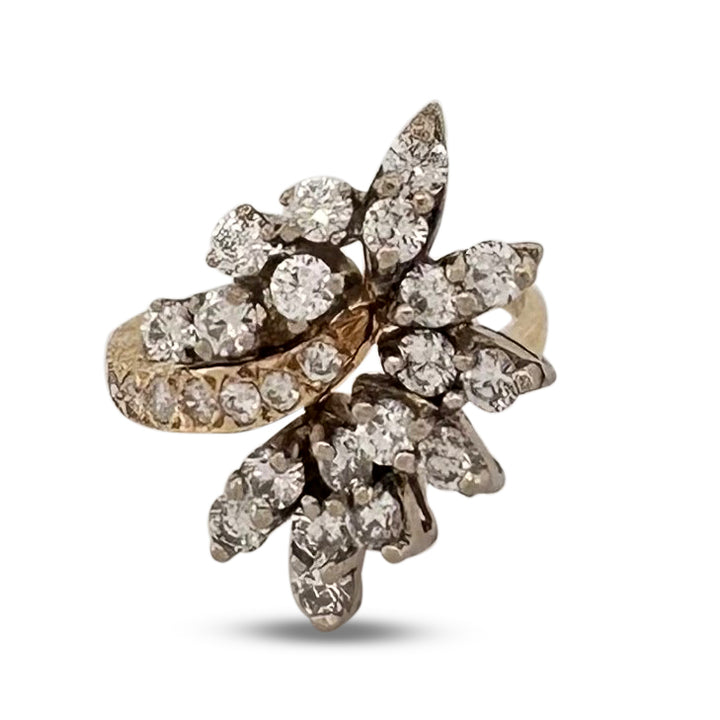 Vintage 1ctw Round Brilliant Natural Diamond Spray Cocktail Ring in 14k Two-tone Gold