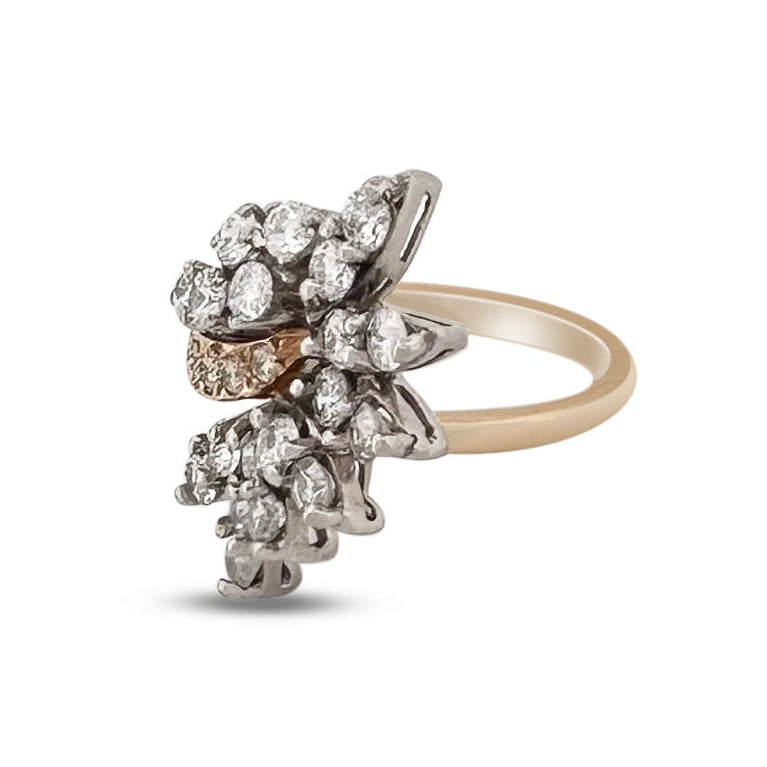Vintage 1ctw Round Brilliant Natural Diamond Spray Cocktail Ring in 14k Two-tone Gold