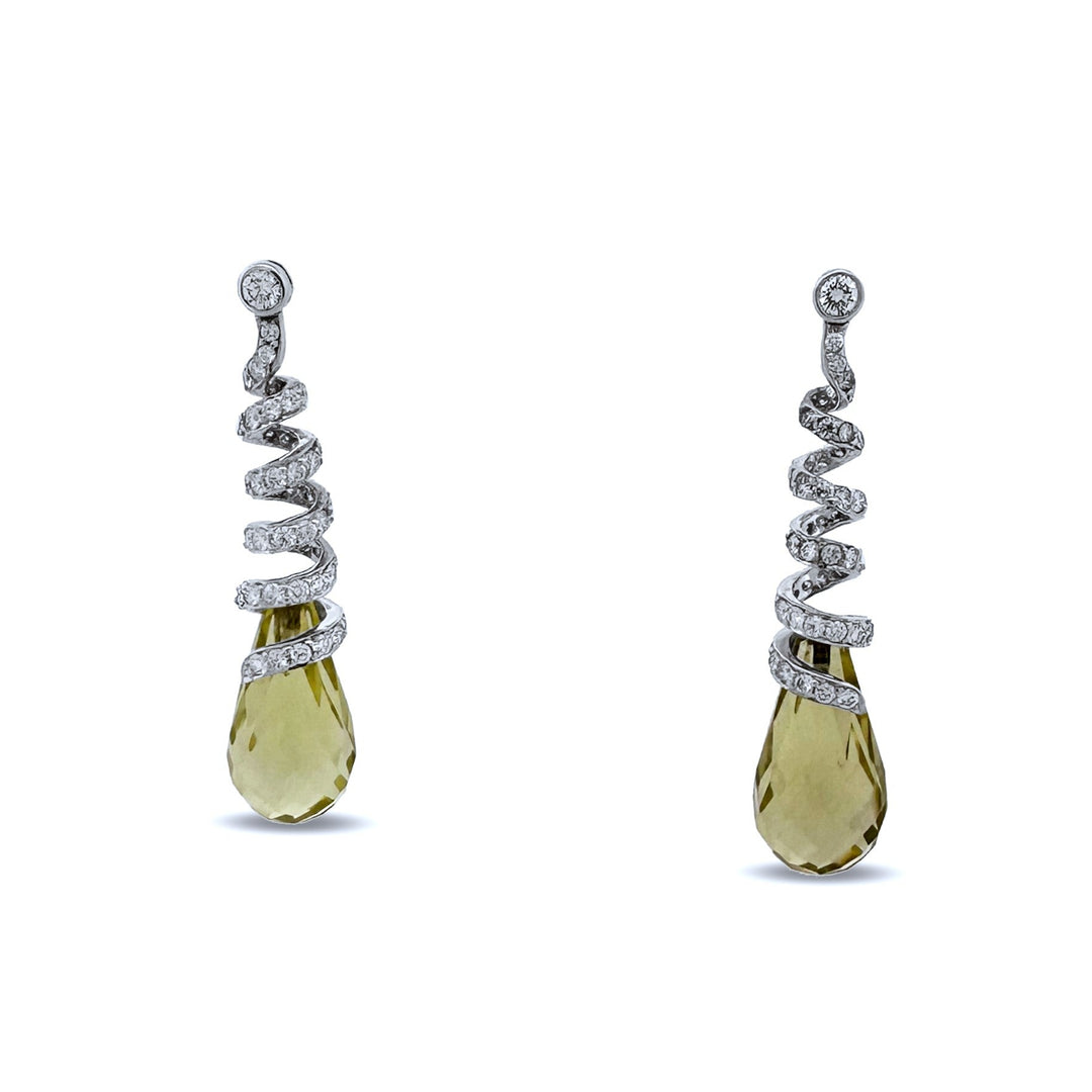 Lemon Quartz Briolette & Natural Round Brilliant Diamond Drop Earrings in 14k White Gold