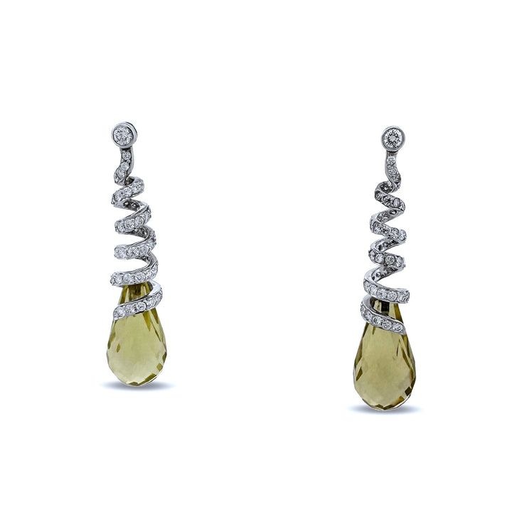 Lemon Quartz Briolette & Natural Round Brilliant Diamond Drop Earrings in 14k White Gold