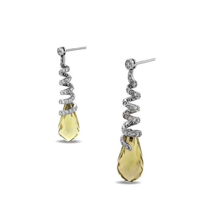 Lemon Quartz Briolette & Natural Round Brilliant Diamond Drop Earrings in 14k White Gold