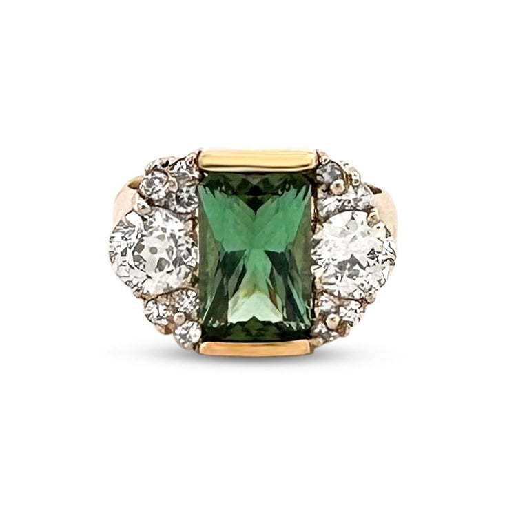 Vintage Green Tourmaline with Natural Diamond Cocktail Ring in 14k Two-Tone Gold