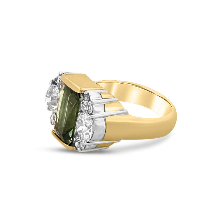 Vintage Green Tourmaline with Natural Diamond Cocktail Ring in 14k Two-Tone Gold