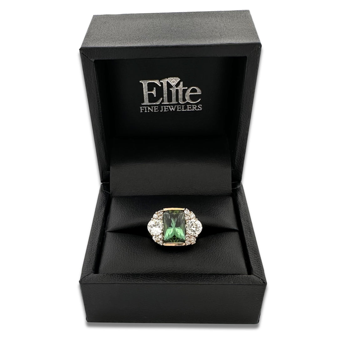 Vintage Green Tourmaline with Natural Diamond Cocktail Ring in 14k Two-Tone Gold