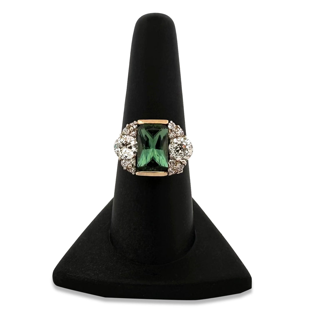 Vintage Green Tourmaline with Natural Diamond Cocktail Ring in 14k Two-Tone Gold