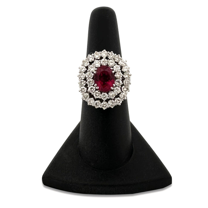 Oval Rubellite Tourmaline and Round Brilliant Natural Diamond Double Halo Cocktail Ring in 18k White Gold