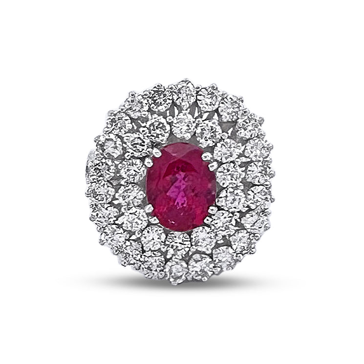 Oval Rubellite Tourmaline and Round Brilliant Natural Diamond Double Halo Cocktail Ring in 18k White Gold