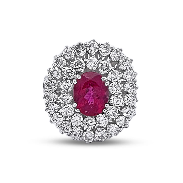 Oval Rubellite Tourmaline and Round Brilliant Natural Diamond Double Halo Cocktail Ring in 18k White Gold