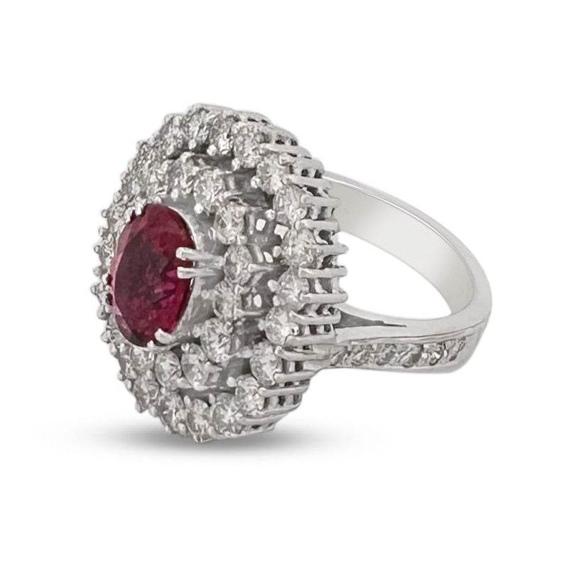 Oval Rubellite Tourmaline and Round Brilliant Natural Diamond Double Halo Cocktail Ring in 18k White Gold