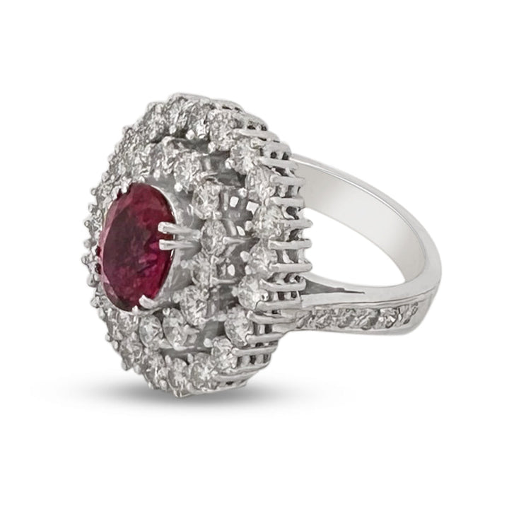 Oval Rubellite Tourmaline and Round Brilliant Natural Diamond Double Halo Cocktail Ring in 18k White Gold
