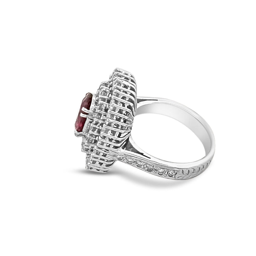 Oval Rubellite Tourmaline and Round Brilliant Natural Diamond Double Halo Cocktail Ring in 18k White Gold