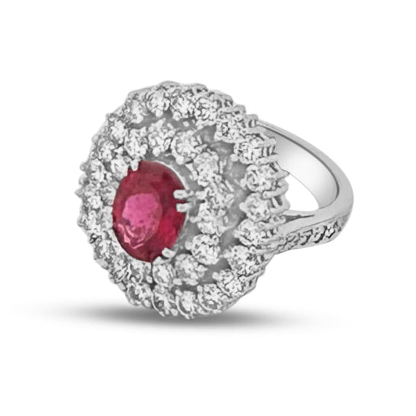 Oval Rubellite Tourmaline and Round Brilliant Natural Diamond Double Halo Cocktail Ring in 18k White Gold