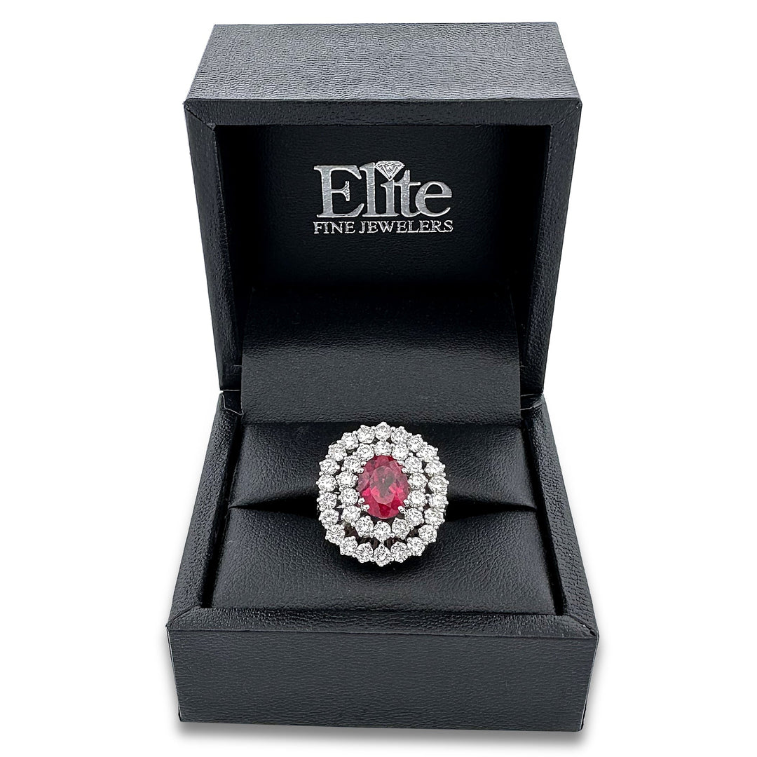 Oval Rubellite Tourmaline and Round Brilliant Natural Diamond Double Halo Cocktail Ring in 18k White Gold