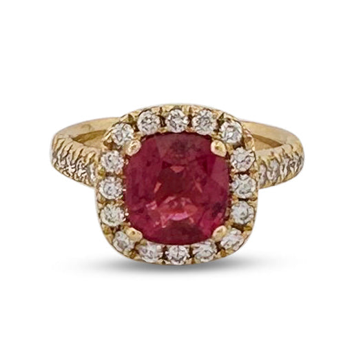 Cushion Cut Pink Tourmaline & Round Brilliant Natural Diamond Halo Cocktail Ring in 18k Yellow Gold