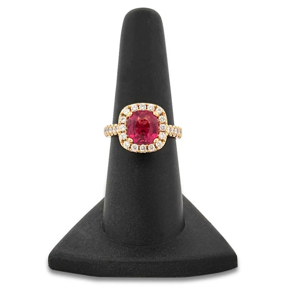 Cushion Cut Pink Tourmaline & Round Brilliant Natural Diamond Halo Cocktail Ring in 18k Yellow Gold