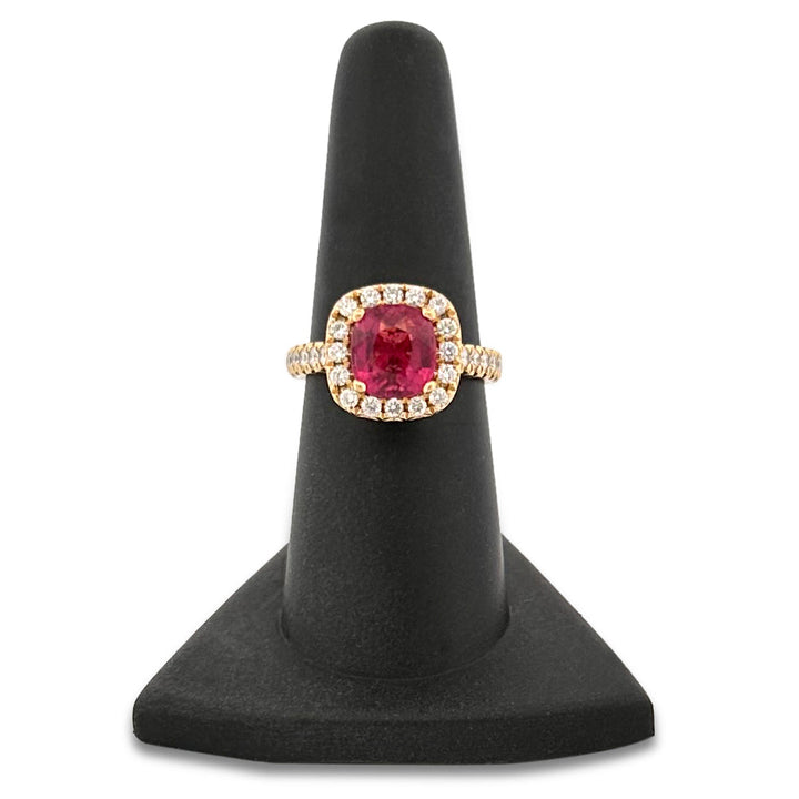 Cushion Cut Pink Tourmaline & Round Brilliant Natural Diamond Halo Cocktail Ring in 18k Yellow Gold