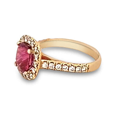 Cushion Cut Pink Tourmaline & Round Brilliant Natural Diamond Halo Cocktail Ring in 18k Yellow Gold