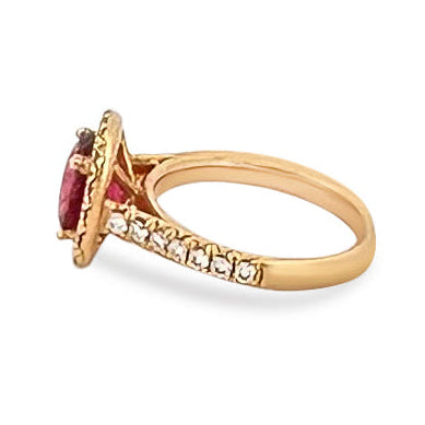 Cushion Cut Pink Tourmaline & Round Brilliant Natural Diamond Halo Cocktail Ring in 18k Yellow Gold