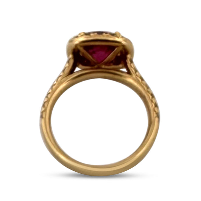 Cushion Cut Pink Tourmaline & Round Brilliant Natural Diamond Halo Cocktail Ring in 18k Yellow Gold