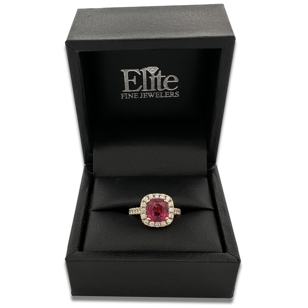 Cushion Cut Pink Tourmaline & Round Brilliant Natural Diamond Halo Cocktail Ring in 18k Yellow Gold