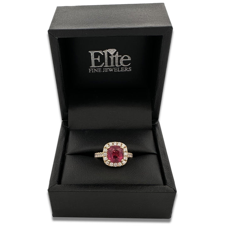 Cushion Cut Pink Tourmaline & Round Brilliant Natural Diamond Halo Cocktail Ring in 18k Yellow Gold