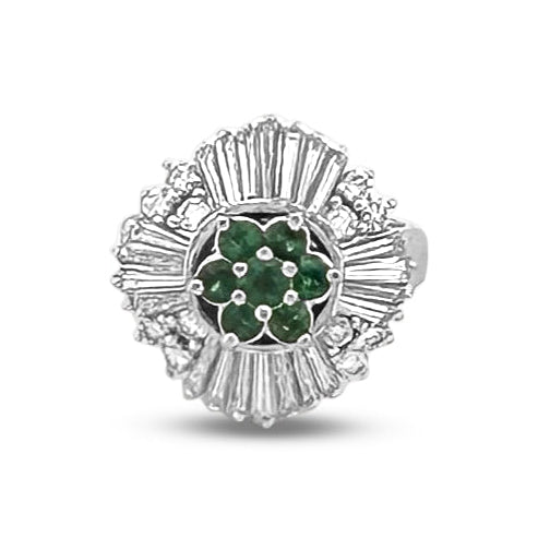 Round Emerald and Natural Baguette Diamond Ballerina Cocktail Ring in Platinum