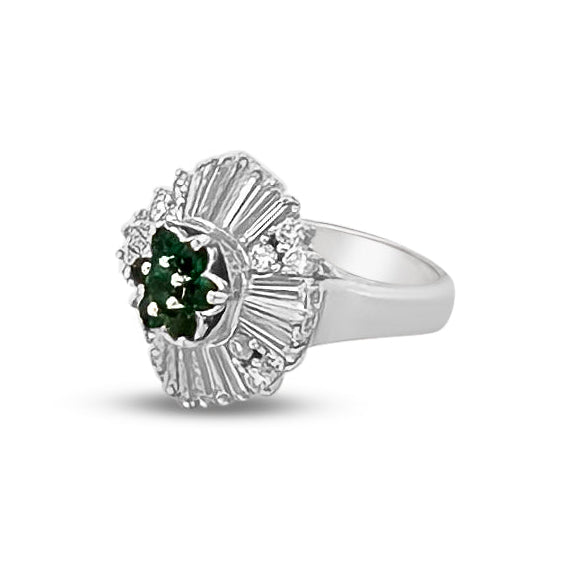 Round Emerald and Natural Baguette Diamond Ballerina Cocktail Ring in Platinum