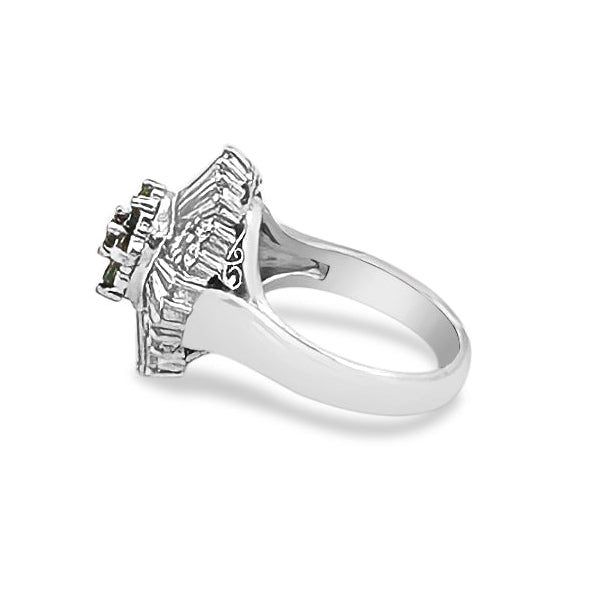 Round Emerald and Natural Baguette Diamond Ballerina Cocktail Ring in Platinum