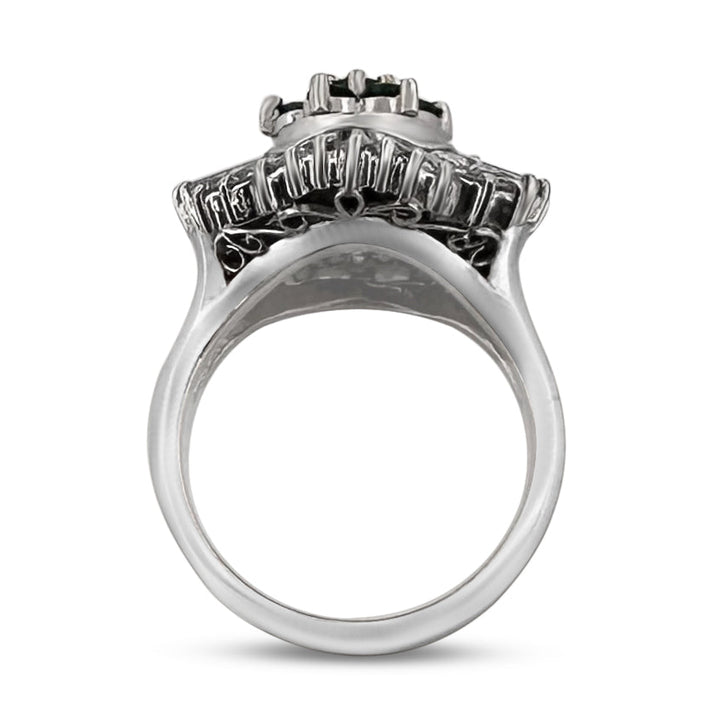 Round Emerald and Natural Baguette Diamond Ballerina Cocktail Ring in Platinum