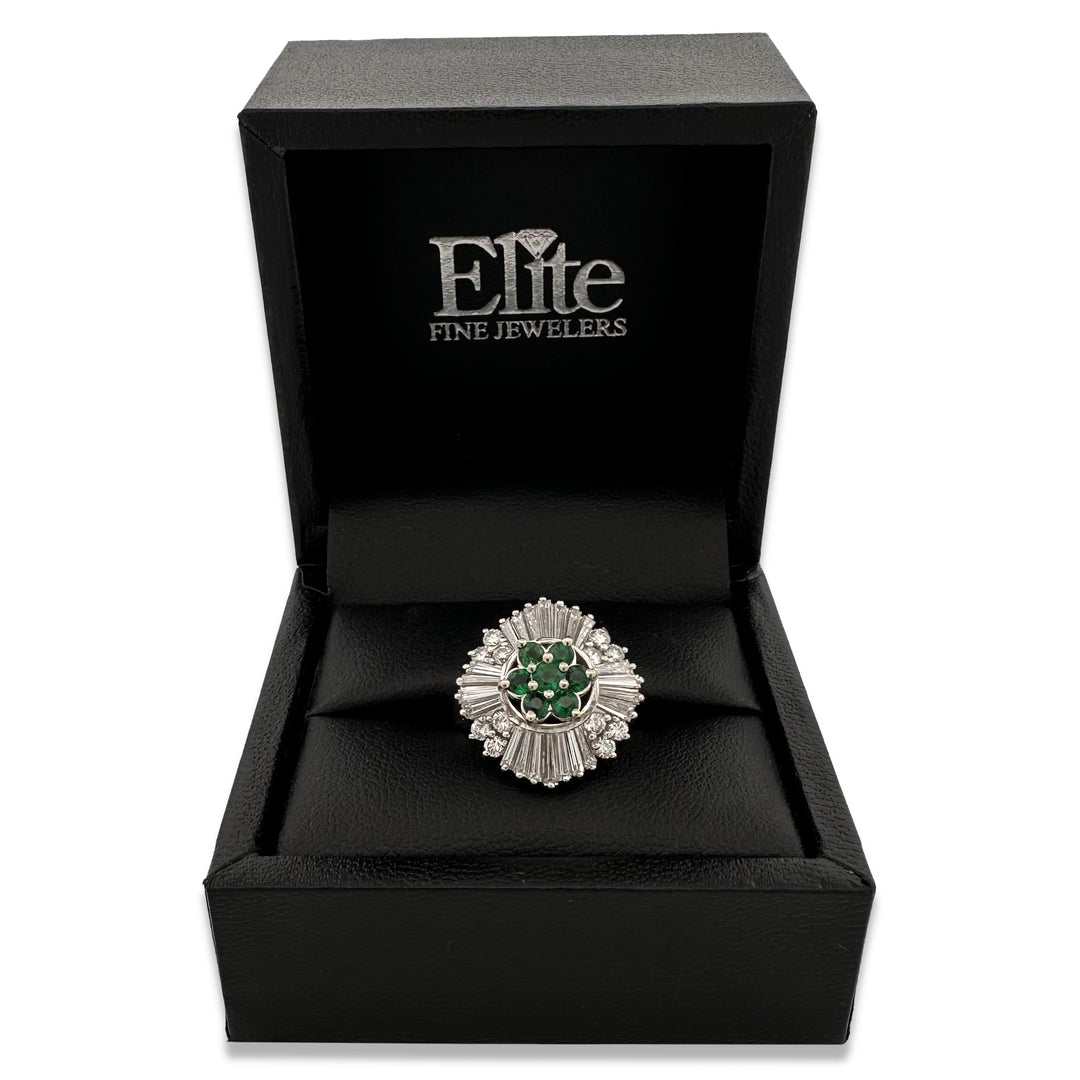 Round Emerald and Natural Baguette Diamond Ballerina Cocktail Ring in Platinum