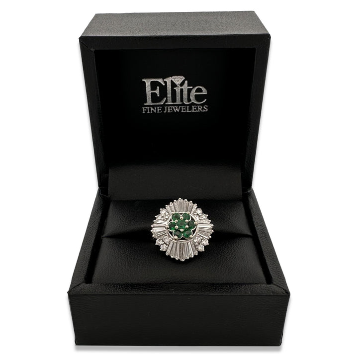 Round Emerald and Natural Baguette Diamond Ballerina Cocktail Ring in Platinum