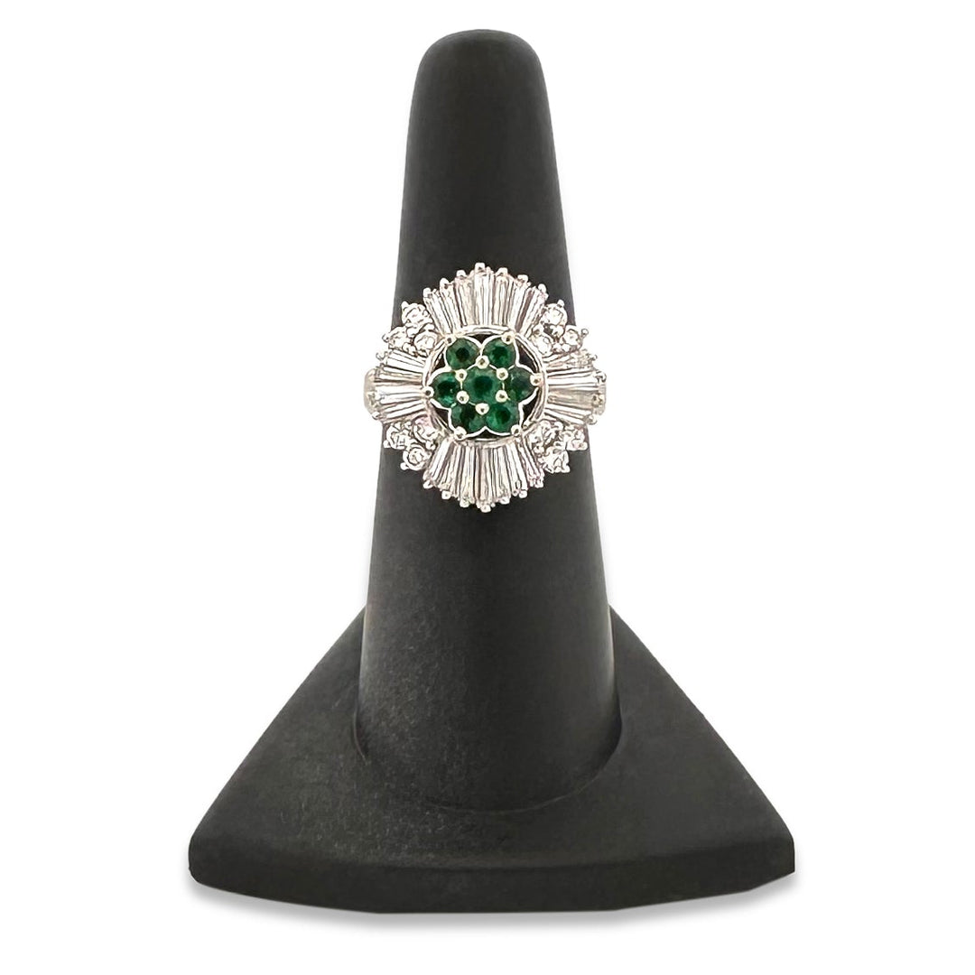Round Emerald and Natural Baguette Diamond Ballerina Cocktail Ring in Platinum