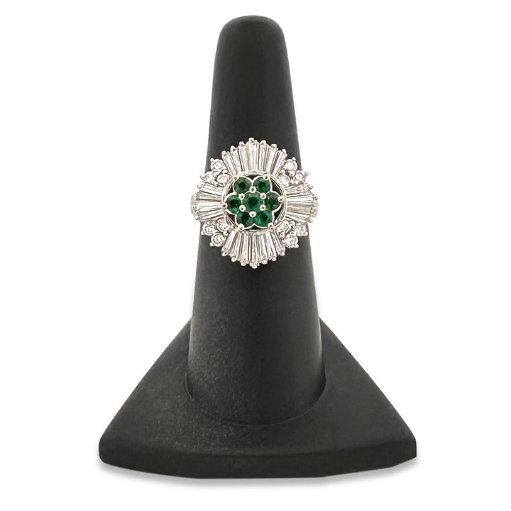 Round Emerald and Natural Baguette Diamond Ballerina Cocktail Ring in Platinum