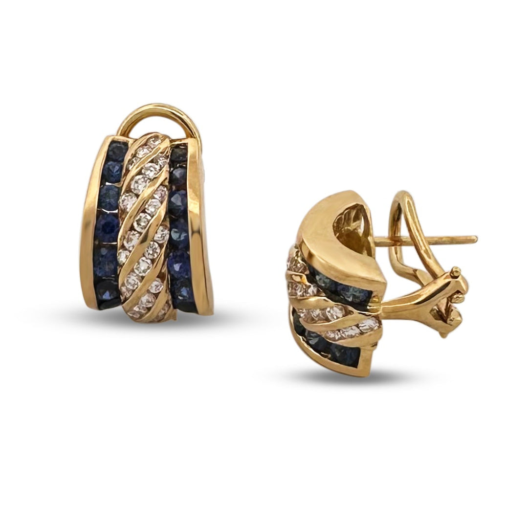 Blue Sapphire & Round Brilliant Diamond Huggie Earrings in 18k Yellow Gold