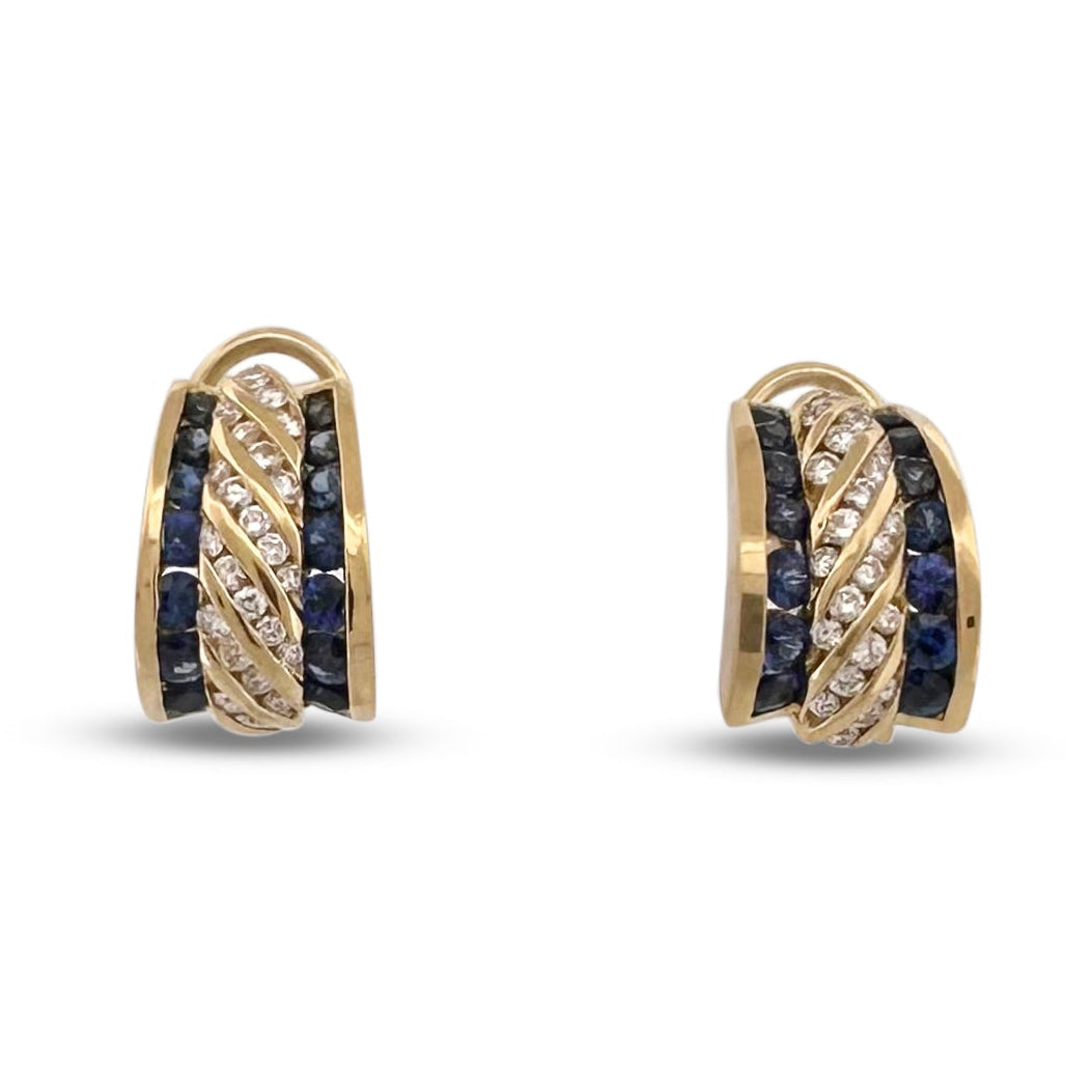Blue Sapphire & Round Brilliant Diamond Huggie Earrings in 18k Yellow Gold