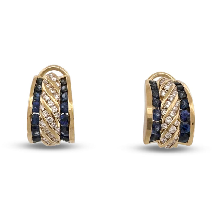 Blue Sapphire & Round Brilliant Diamond Huggie Earrings in 18k Yellow Gold