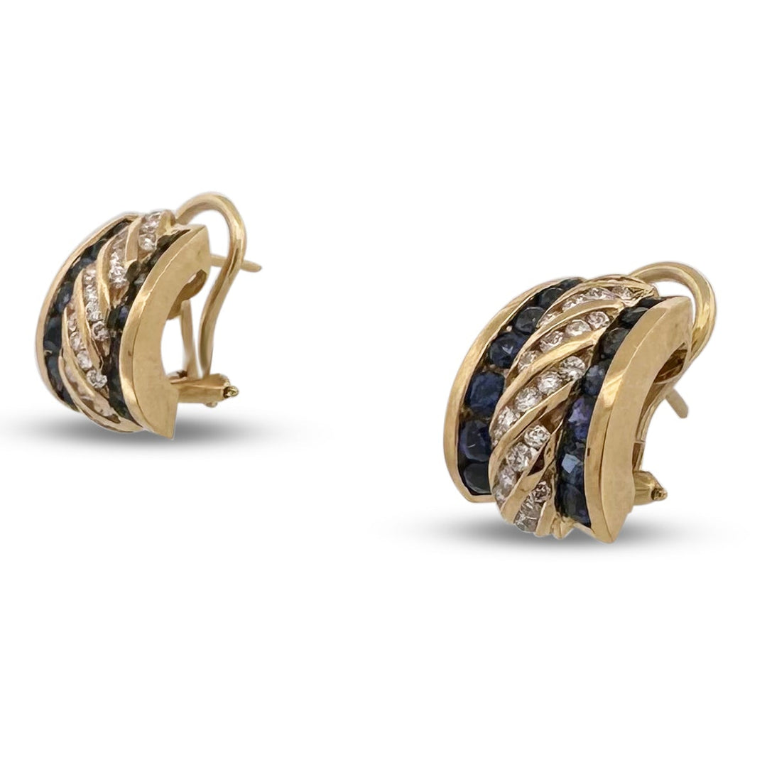 Blue Sapphire & Round Brilliant Diamond Huggie Earrings in 18k Yellow Gold