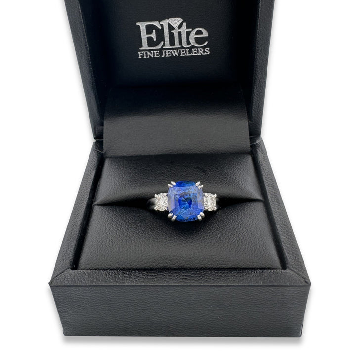 Cushion Cut Blue Sapphire with Round Brilliant Natural Diamond 3-Stone Cocktail Ring in Platinum