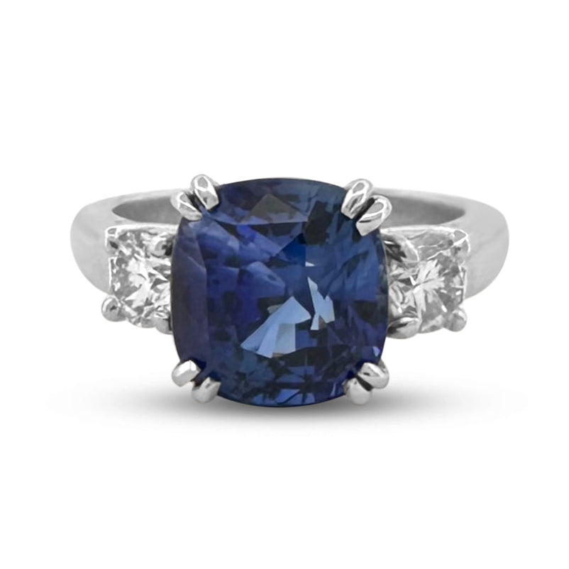 Cushion Cut Blue Sapphire with Round Brilliant Natural Diamond 3-Stone Cocktail Ring in Platinum