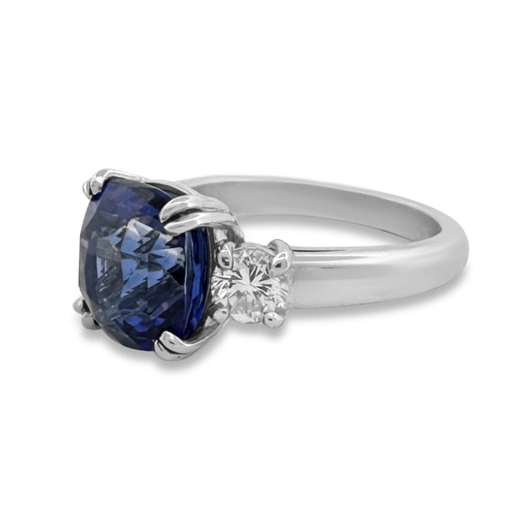 Cushion Cut Blue Sapphire with Round Brilliant Natural Diamond 3-Stone Cocktail Ring in Platinum