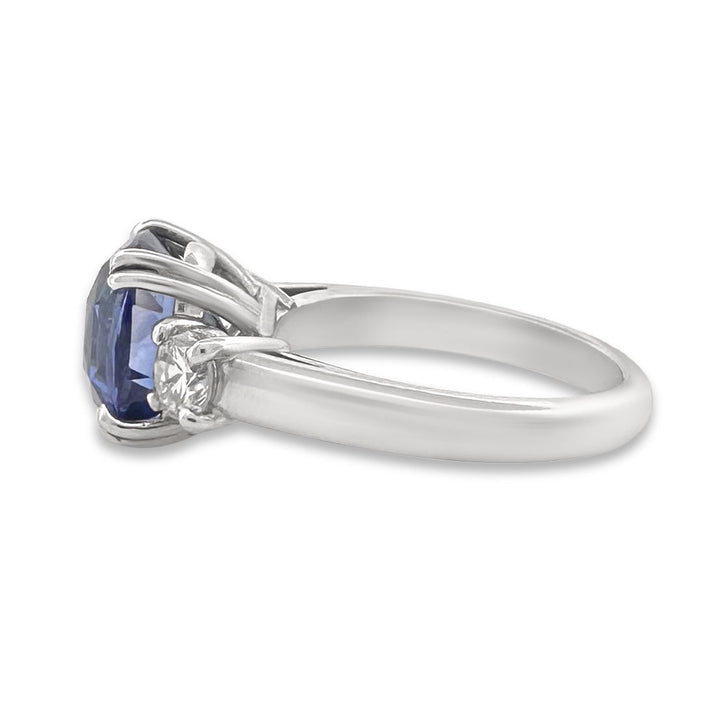 Cushion Cut Blue Sapphire with Round Brilliant Natural Diamond 3-Stone Cocktail Ring in Platinum