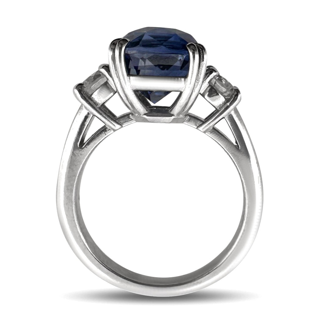 Cushion Cut Blue Sapphire with Round Brilliant Natural Diamond 3-Stone Cocktail Ring in Platinum