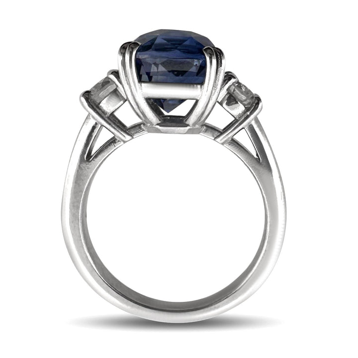 Cushion Cut Blue Sapphire with Round Brilliant Natural Diamond 3-Stone Cocktail Ring in Platinum
