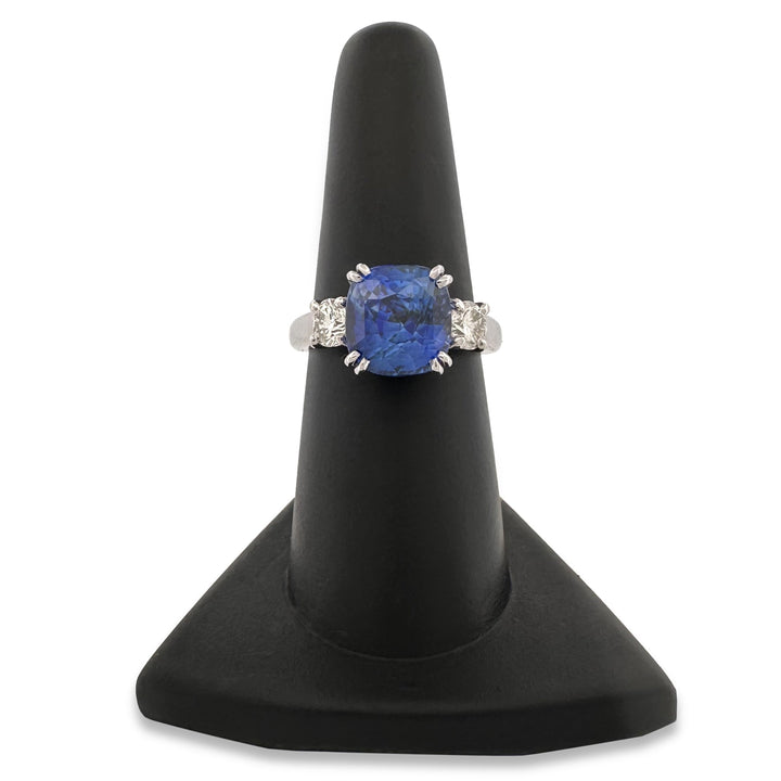 Cushion Cut Blue Sapphire with Round Brilliant Natural Diamond 3-Stone Cocktail Ring in Platinum